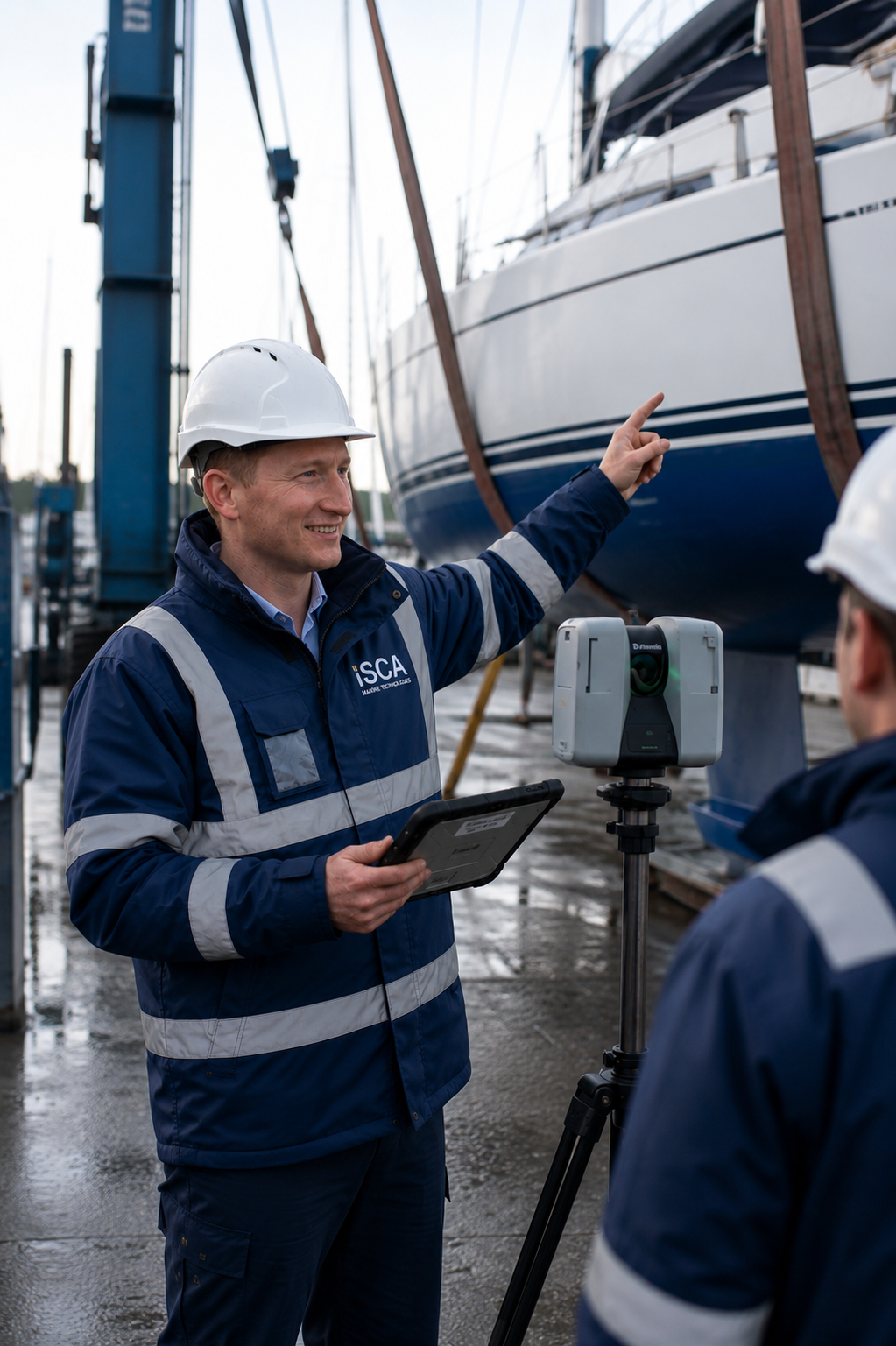 Josh Mold, founder of Isca, on-site at a 3D laser scanning survey in a boatyard